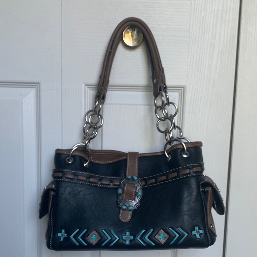 MONTANA WEST Black and Brown Handbag with Turquoise Accents & chains.